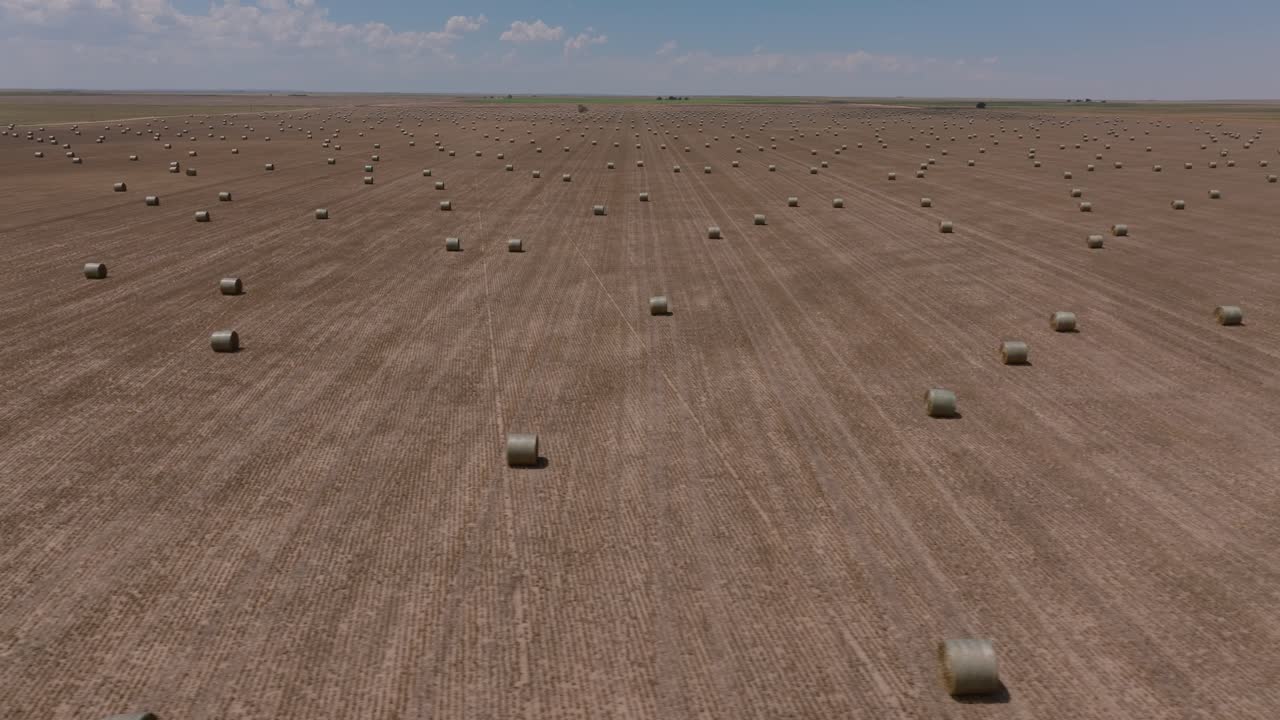Expansive brown field dotted with hay bales in western Kansas, fresh cut and tire tracks, aerial backdrop background, nobody