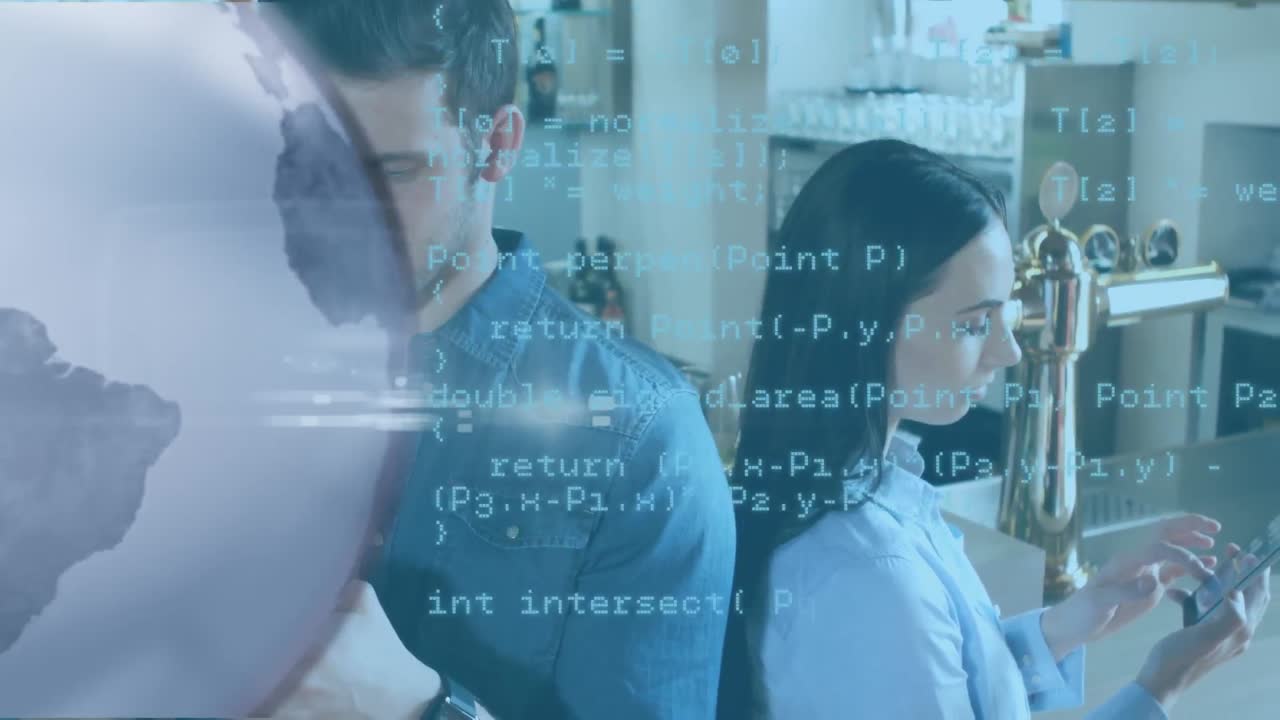 Animation of globe and data processing over happy caucasian couple using smartphones at bar