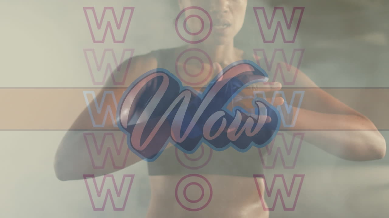 composición digital de wow texto contra la boxeadora cerrando sus puños
