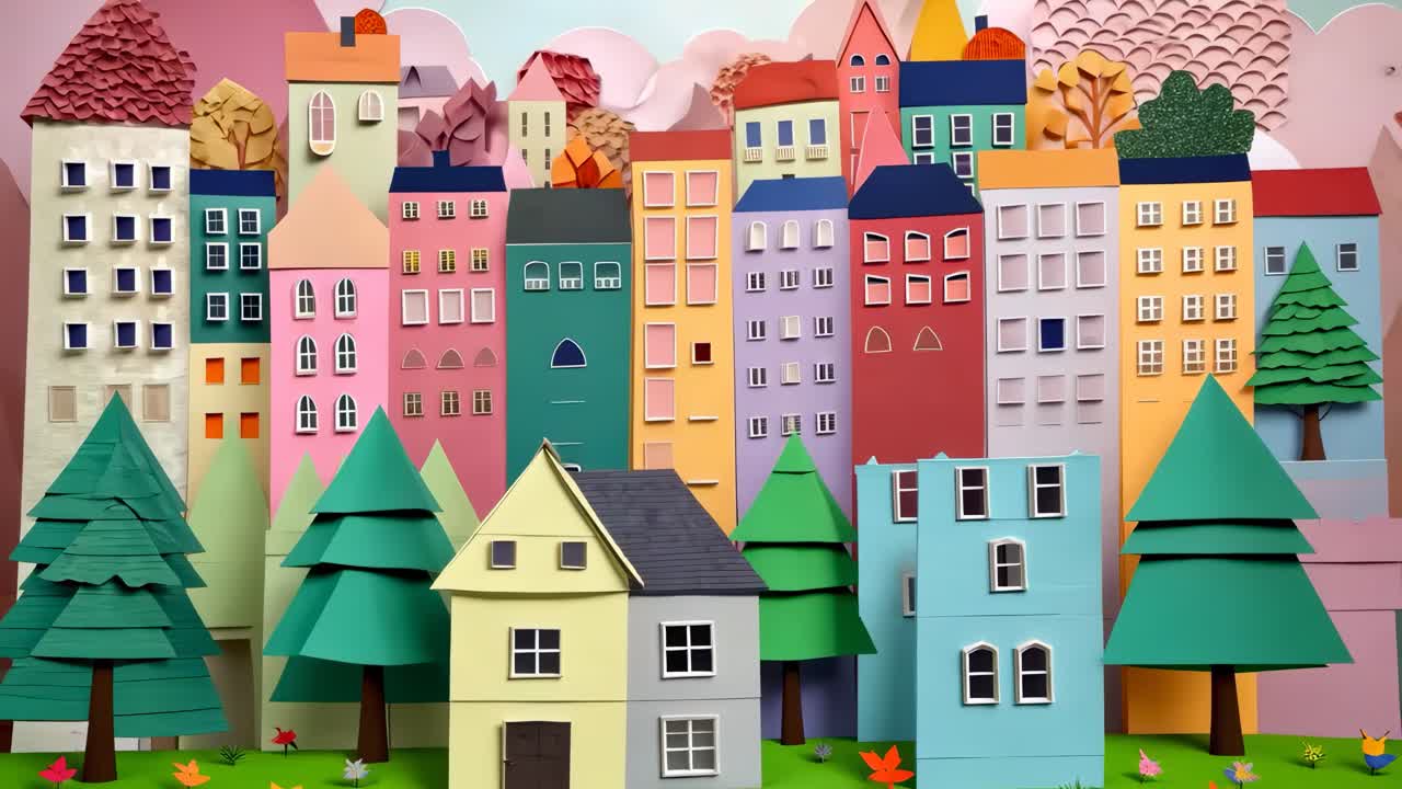 Colorful paper-cut cityscape with whimsical buildings and trees, viewed from a straight-on angle