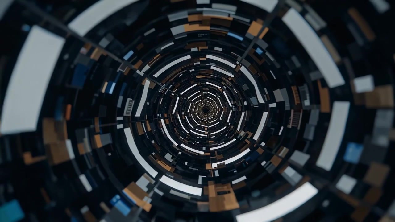 Camera pushing, rotating ringed shaft moving through metal, with light strips suggesting travel