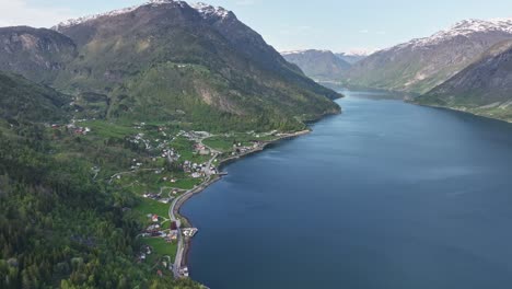 Scenic-village-of-Luster-and-Lustrafjord-in-Norway---High-angle-aerial-overlooking-side-arm-of-Sognefjord