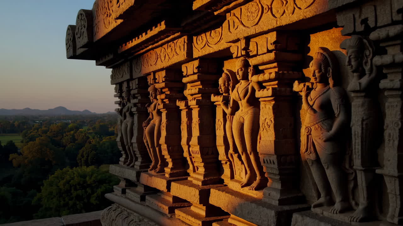 Ancient Indian Temple Carvings at Sunset