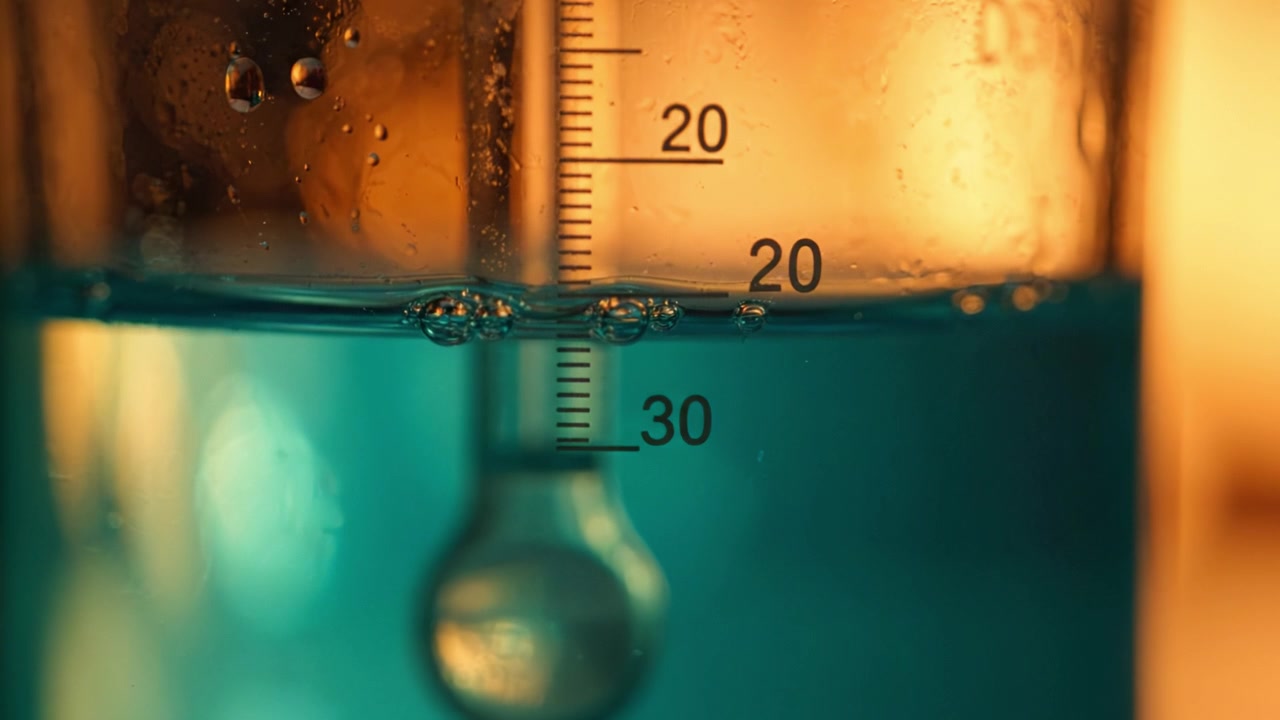 Primo piano di un cilindro graduato con liquido blu, bolle d'aria e un menisco visibile al segno dei 30 millilitri, retroilluminato per un effetto artistico