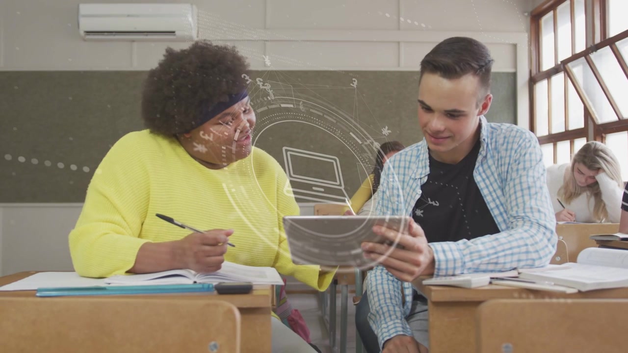 Male student offering tablet to female student in classroom, animated arrows highlighting study