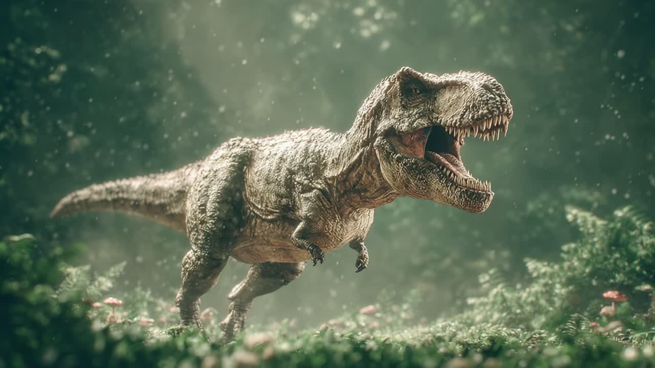 Realistyczny Tyrannosaurus Rex przemierzający gęsty prehistoryczny las, oddający esencję starożytnych stworzeń w żywej, realistycznej scenie.