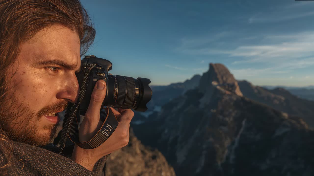 Raising DSLR, man framing shooting jagged peak on rocky ridge wearing coat strap looped, copy space
