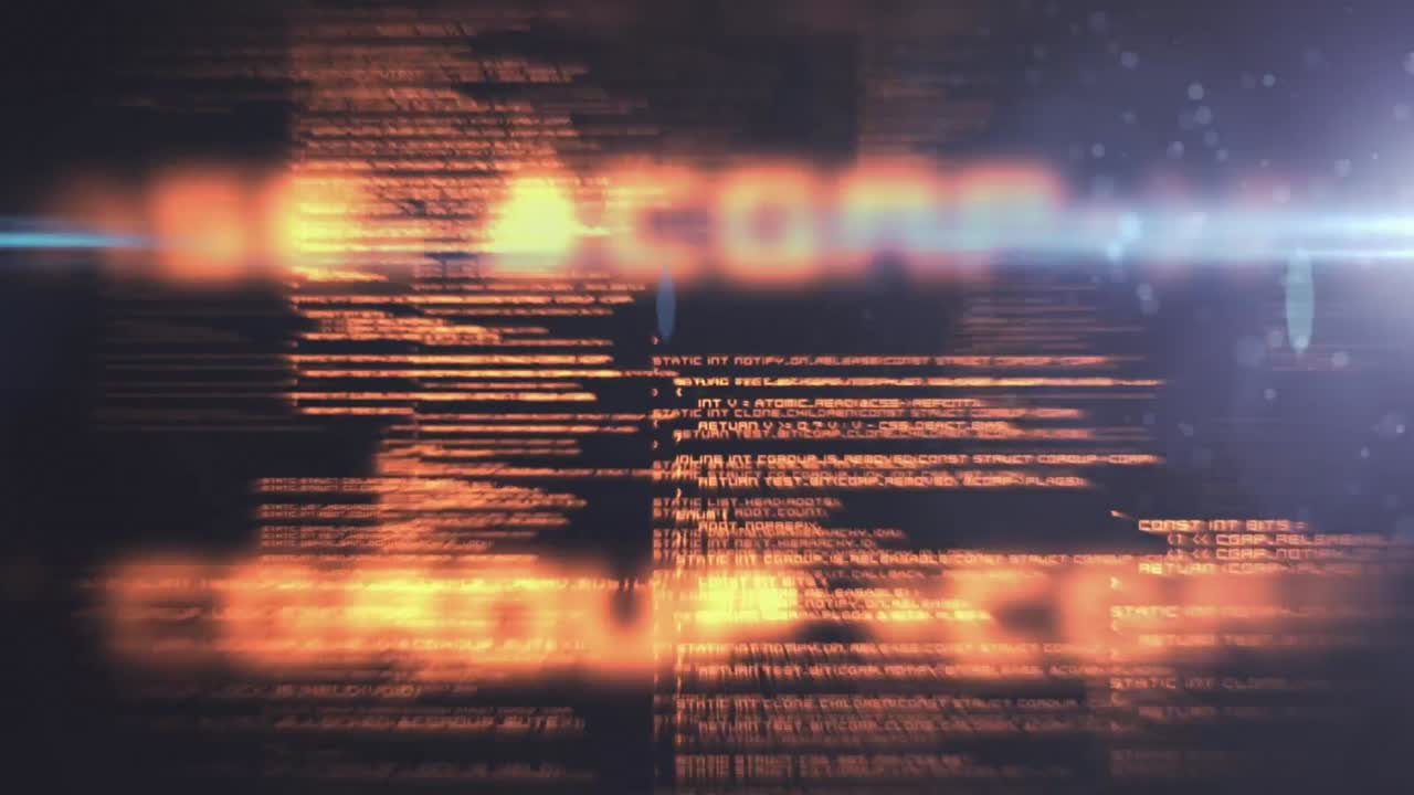 Animation of light trails over data processing on black background