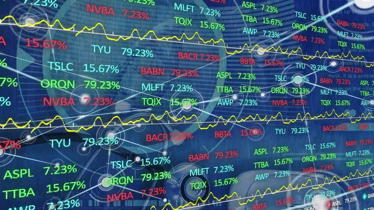 Animation of stock market and network of connections over dna strand on blue background