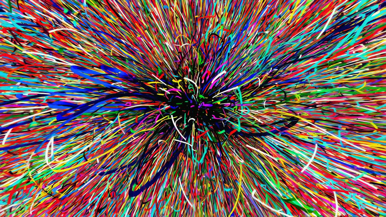 Converging multi-colored digital streaks pulsating and radiating on digital canvas, abstract burst