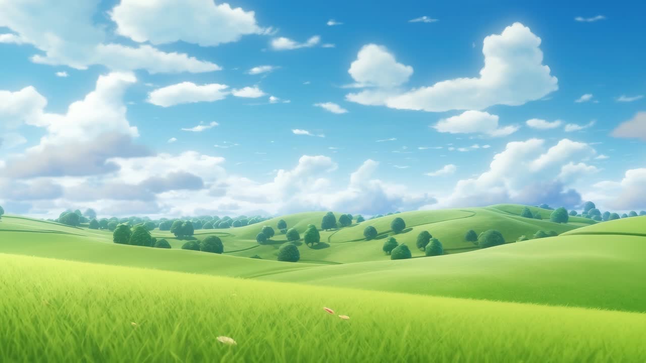 A wide-angle video frame of a serene, animated landscape with rolling green hills and a bright blue