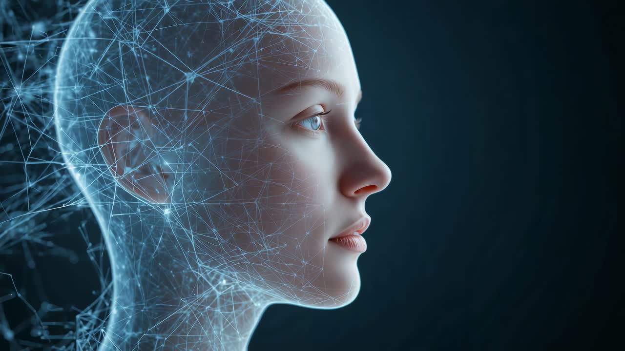 Ricezione di input di dati, avatar femminile sintetico con mesh neurale pulsante e palpebre che si chiudono in studio