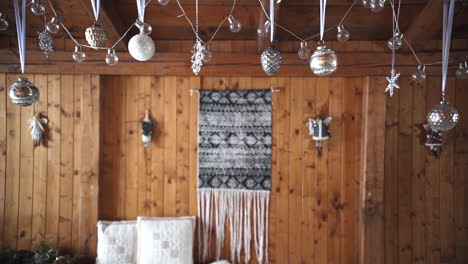 stylish winter decoration inside wooden cottage, wedding party design