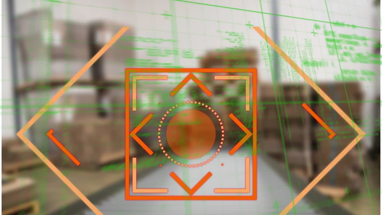 Animation of data processing and orange shapes over warehouse