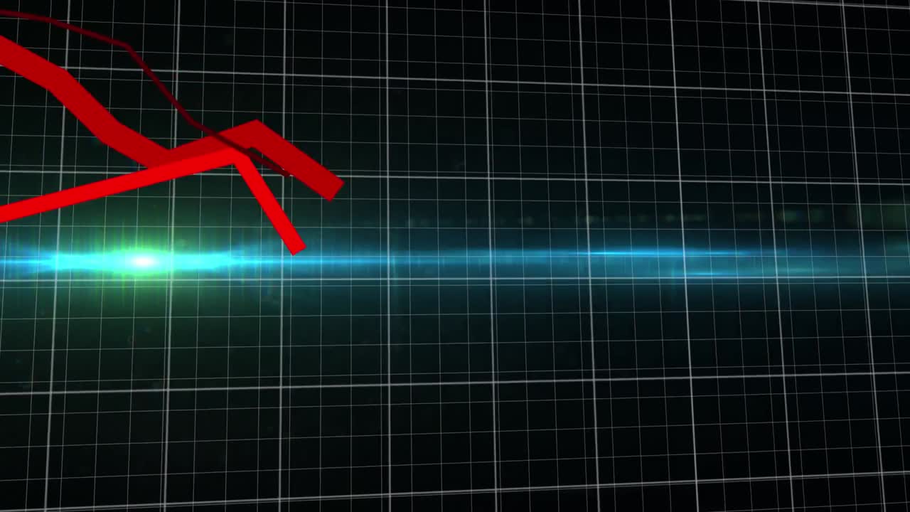 Animation of red lines and financial data processing over grid
