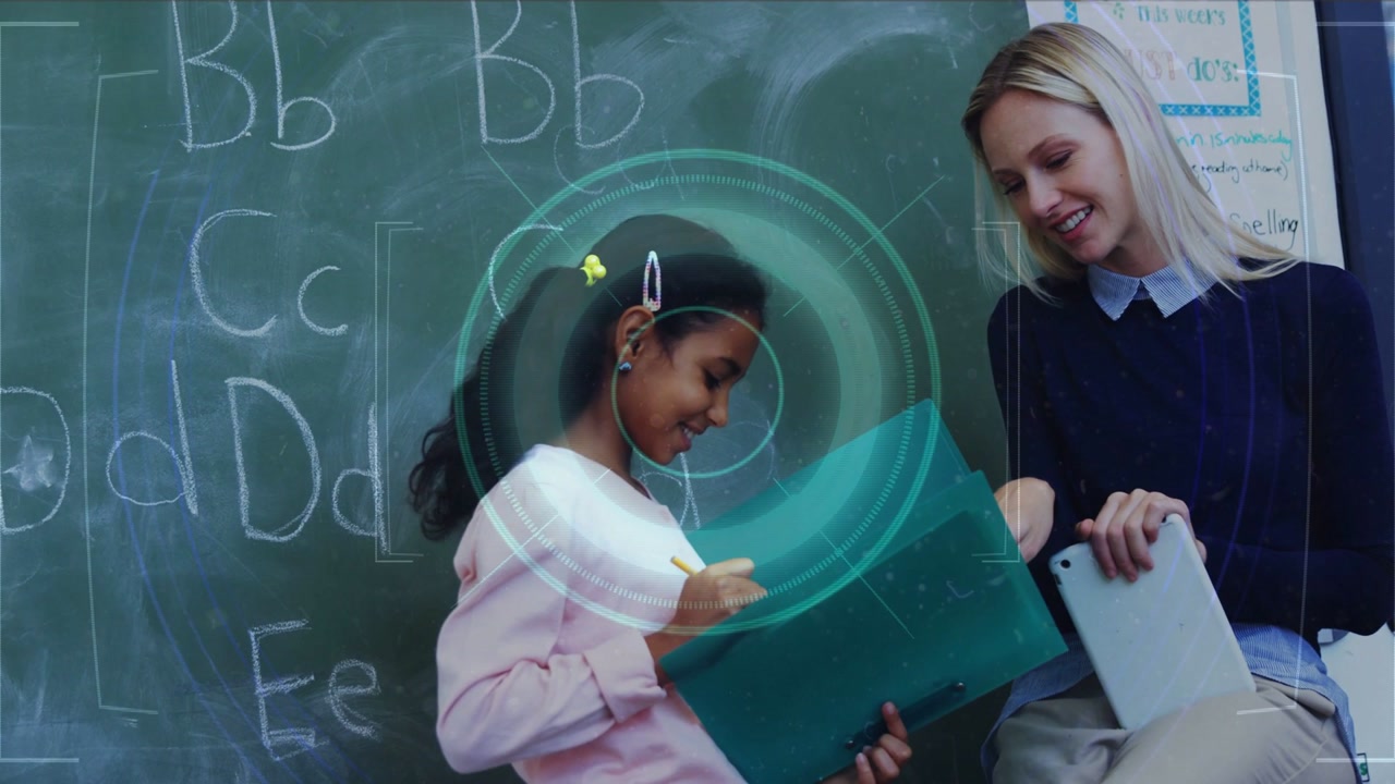 Vertical video: Ring overlay appearing girl writing on folder teacher watching smiling for feedback