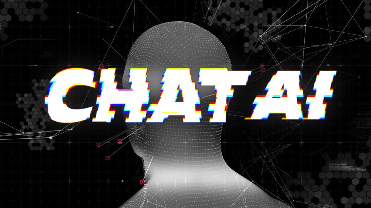 인공지능 텍스트 및 데이터 처리의 애니메이션 인간 머리 위에서