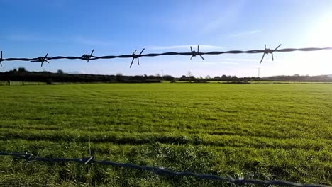 Panoramic-view-across-barbed-wire-fenced-vibrant-green-farmland-with-idyllic-glowing-sunrise-skyline