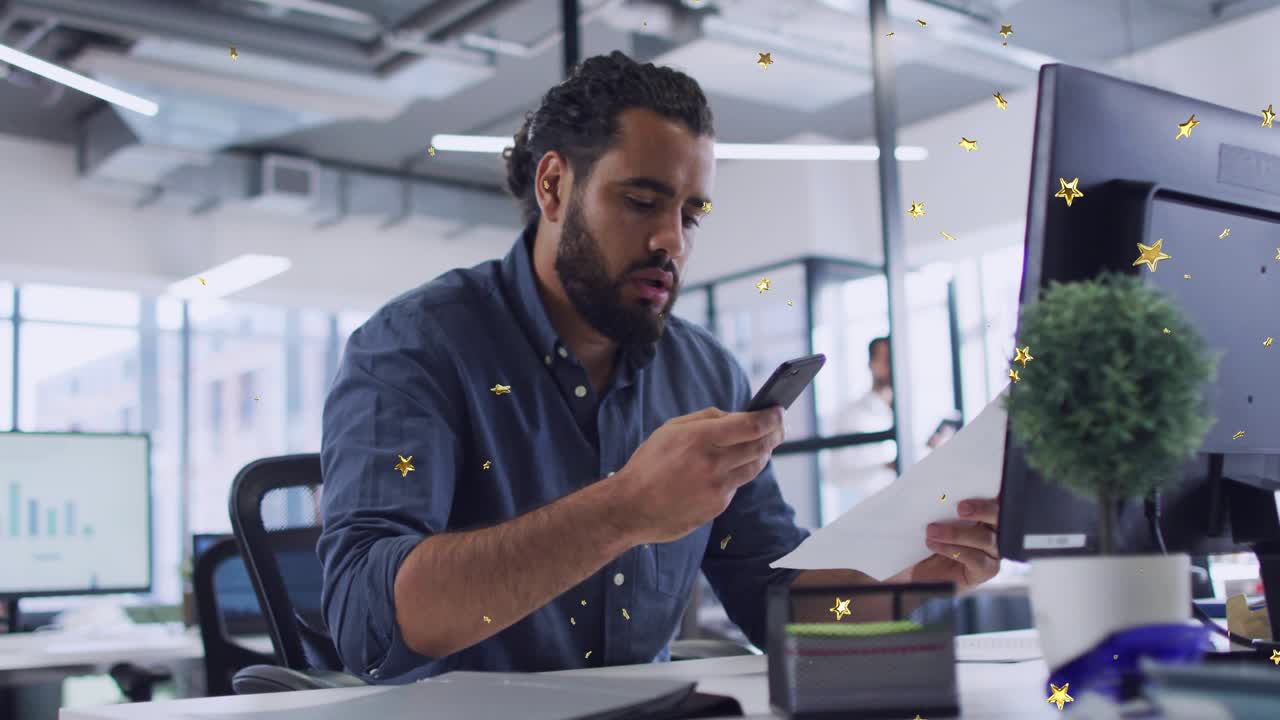 Office worker bringing smartphone, reading document and confirming report with gold star overlay