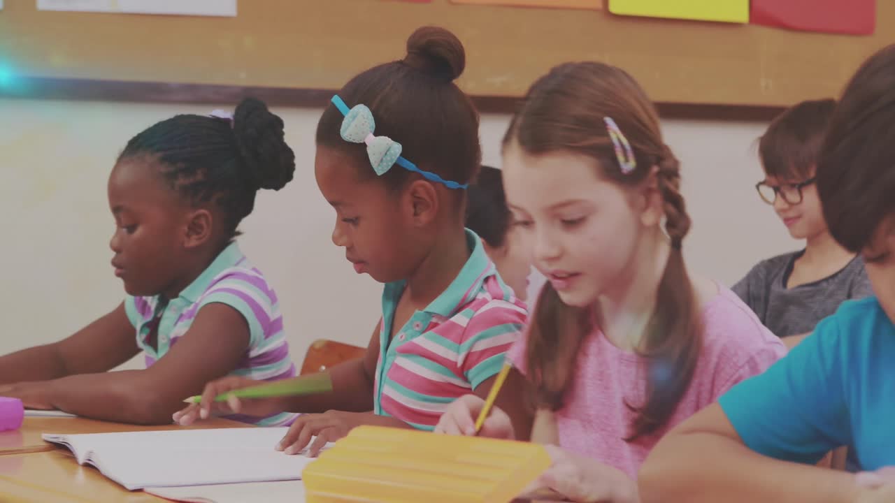 Animation of glowing light over diverse school children in classroom
