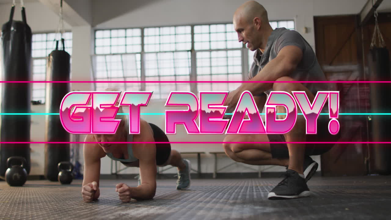 Animation of get ready text with diverse people at gym
