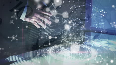 animation of molecular structures over mid section of businessman touching an futuristic screen