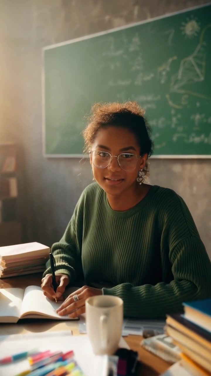 Smiling Young Woman Writing in a Notebook in a Classroom