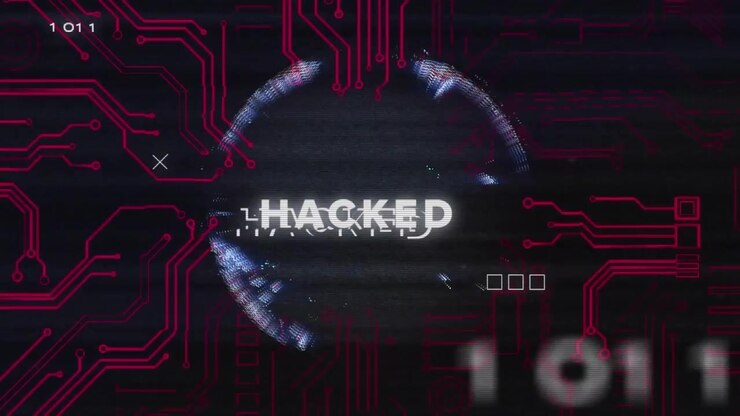 Pixelated globe spinning into view as red circuit lines framing surface, revealing HACKED text