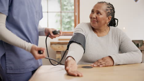 nurse, woman and blood pressure test in home