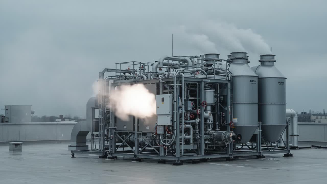 Industrial Equipment on Rooftop Emitting Steam and Smoke: A View of Complex Machinery Exhibiting Functional Dynamics and Environmental Impact