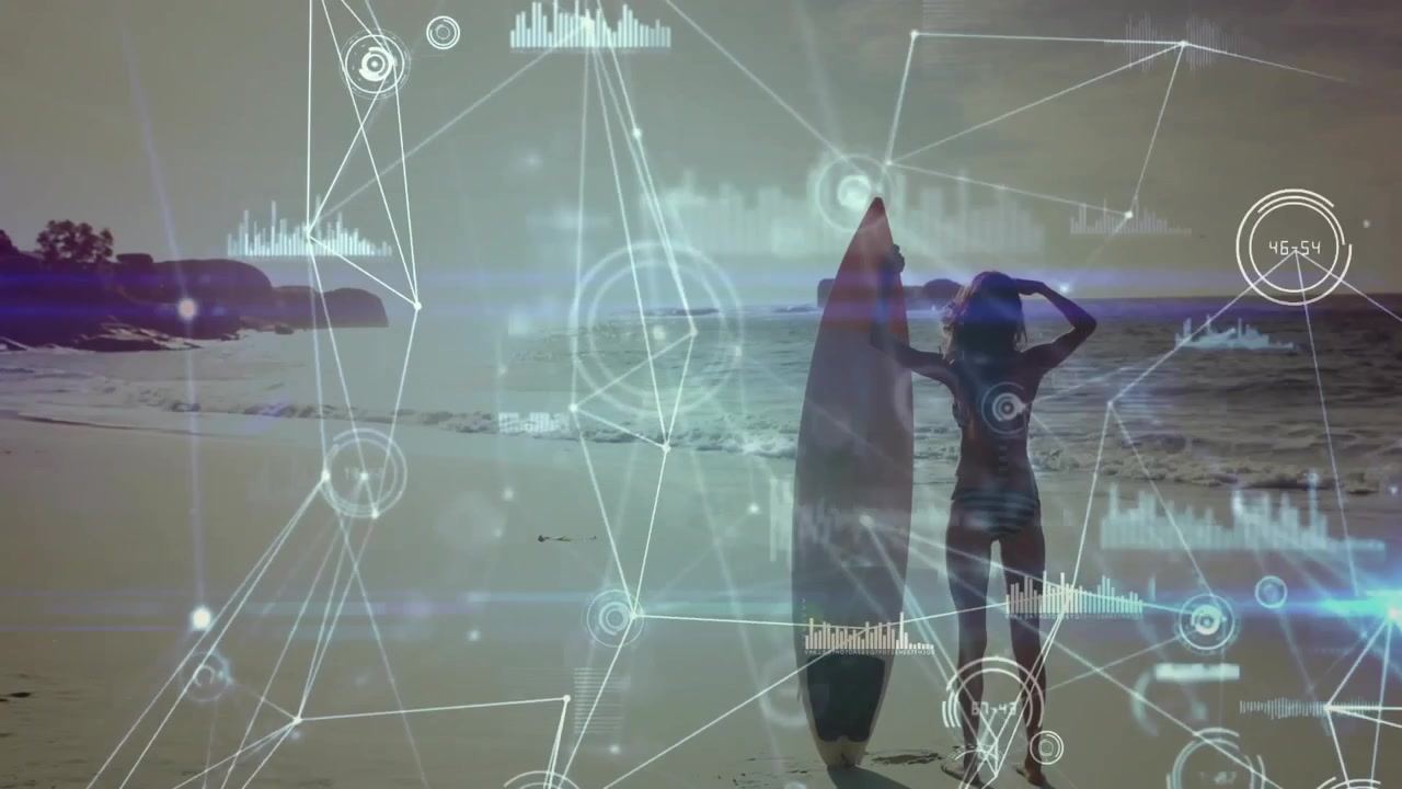 Woman carrying surfboard walking onto sand and activating overlay for technology demonstration