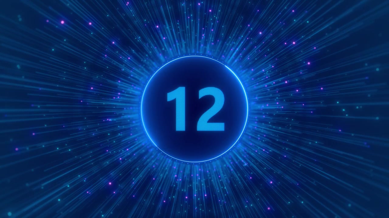 Blue countdown timer energy loop with central glowing number radial data streaks and bright digital