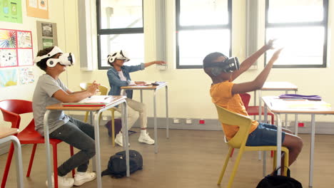 multiracial students in classroom using vr headsets for interactive learning experience, at school