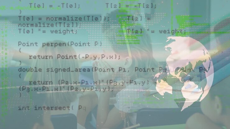 Animation of data processing over diverse schoolchildren in classroom