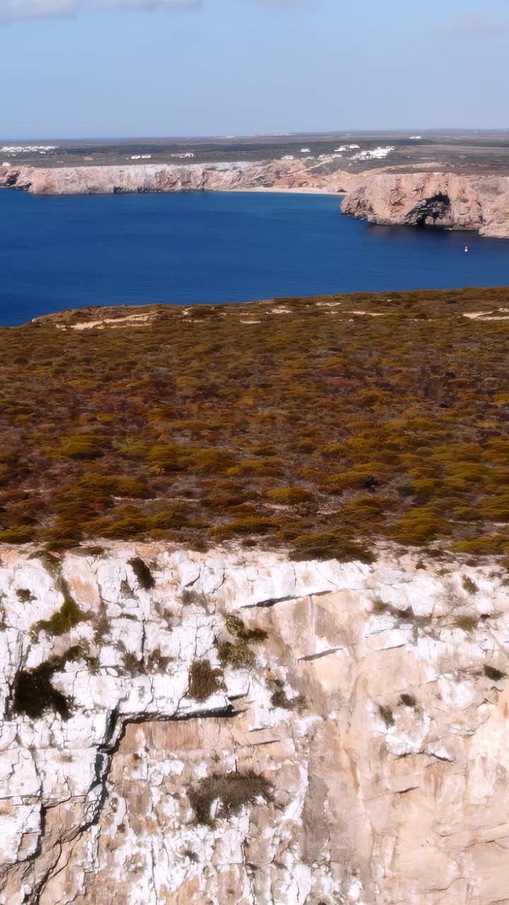 Bordo di scogliera aerea sopra l'oceano blu, parete rocciosa bianca e aspra e fitta brughiera costiera su una scarpata spazzata dal vento.