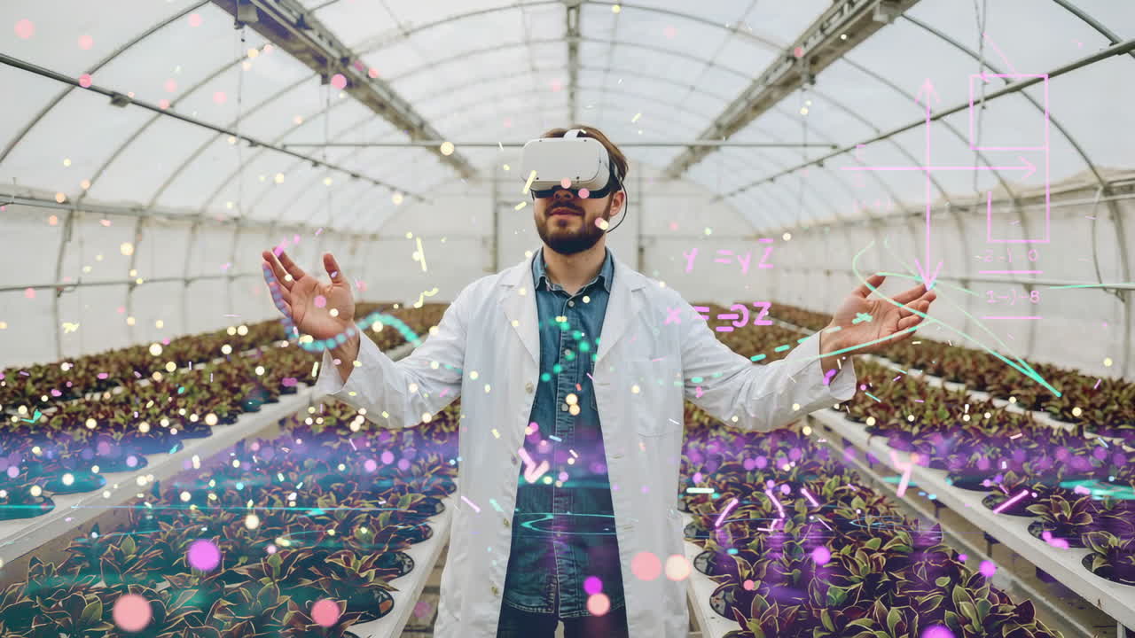 Scientist using virtual reality and augmented reality in a smart greenhouse