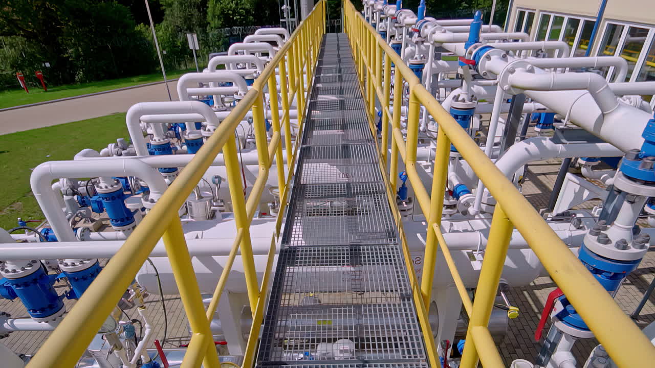 Passerella metallica tra file di tubi e valvole blu presso una moderna stazione di pompaggio e impianto di trasporto di gas naturale in Lettonia, che rivela l'infrastruttura - Una ripresa con dolly all'indietro.