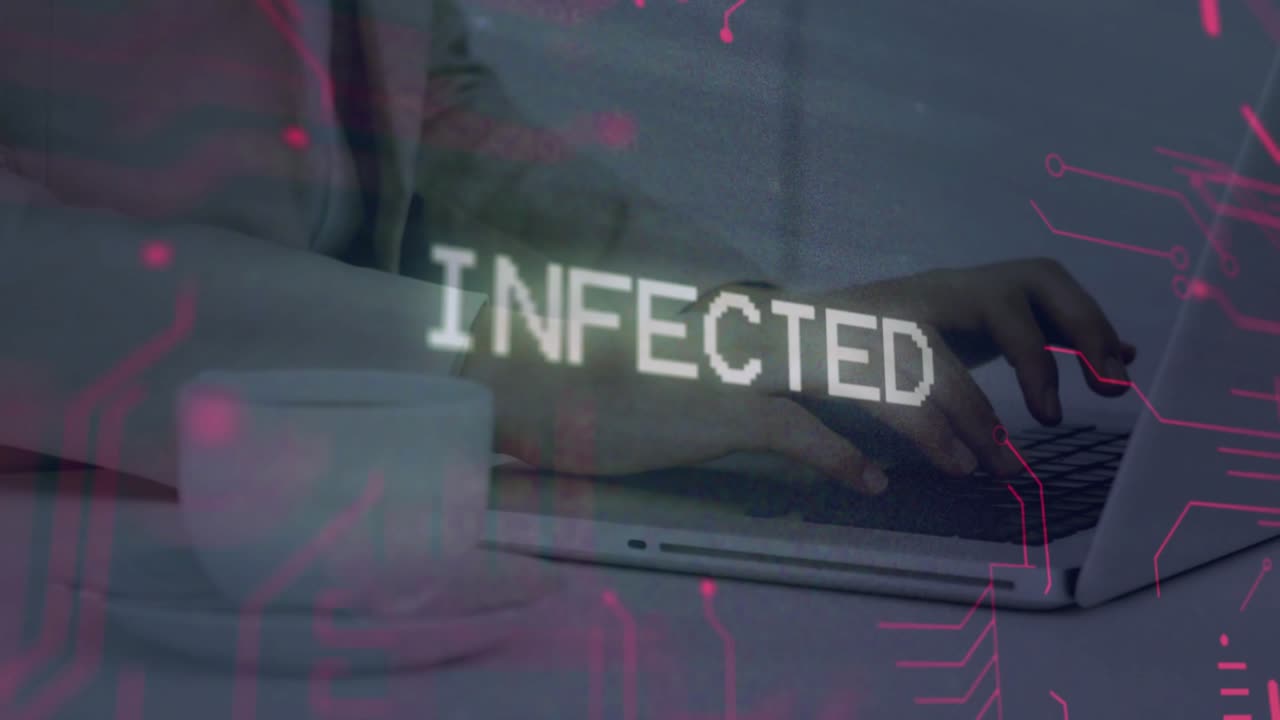 Tech pro's hands typing, system detecting malware and showing INFECTED overlay pulsing over arm