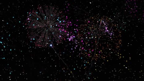 Digital-animation-of-white-particles-falling-and-fireworks-exploding-against-black-background