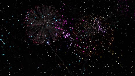 animación digital de partículas blancas que caen y fuegos artificiales que explotan contra un fondo negro