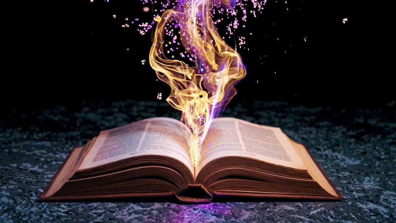 Libro mistico aperto con energia magica luminosa e particelle