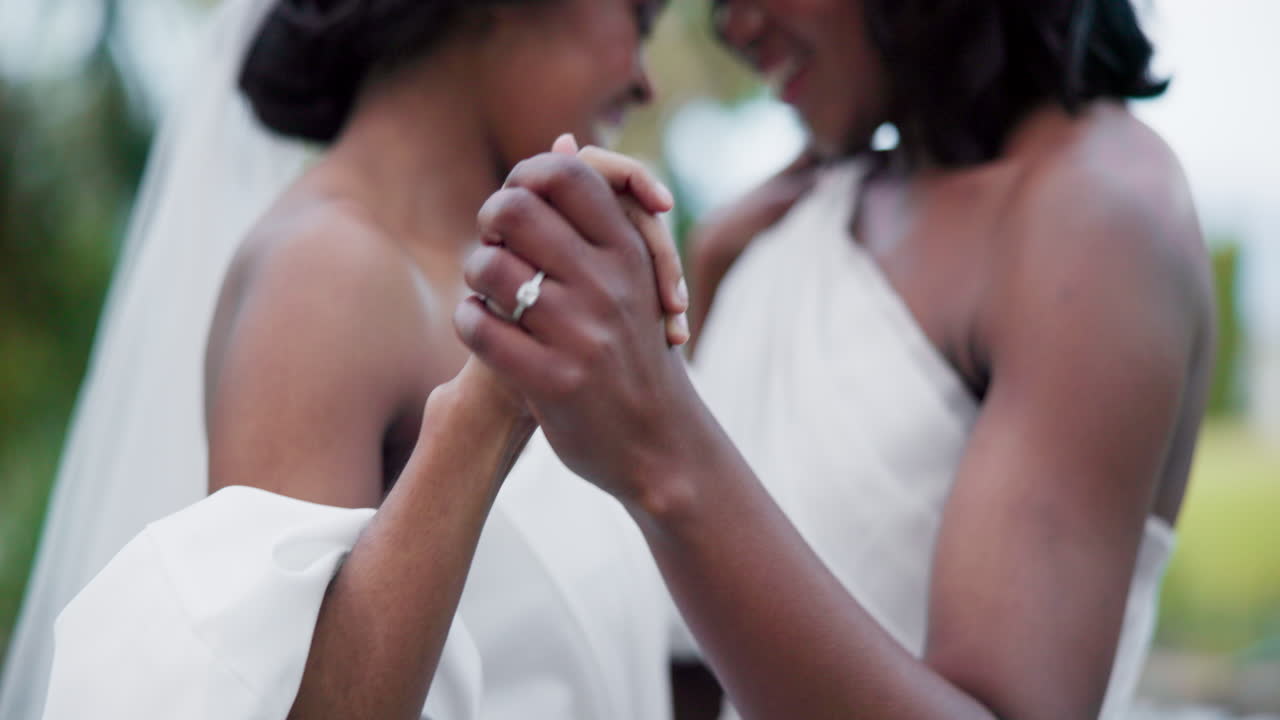 Wedding, lesbian and women dancing outdoor