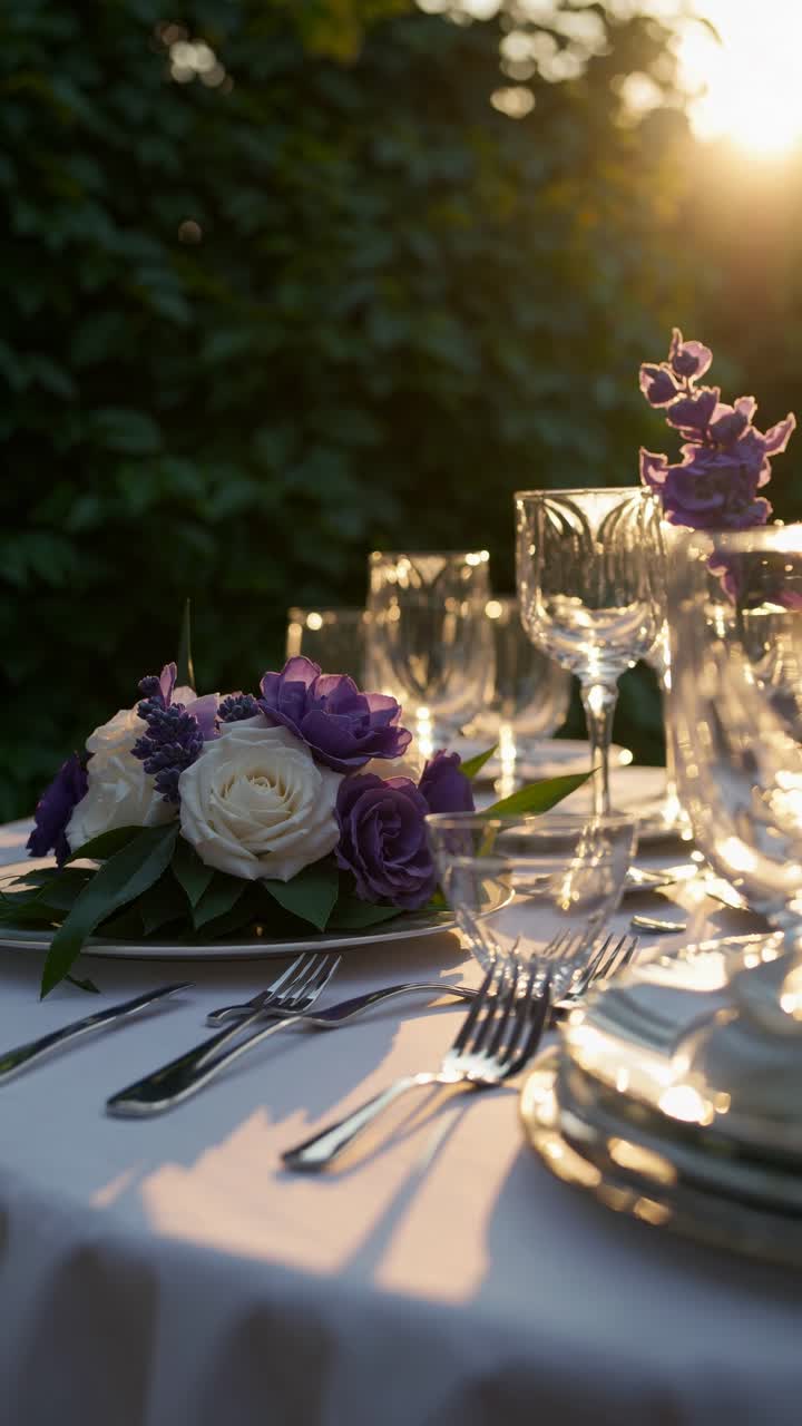 Elegant table setting with floral centerpiece at sunset