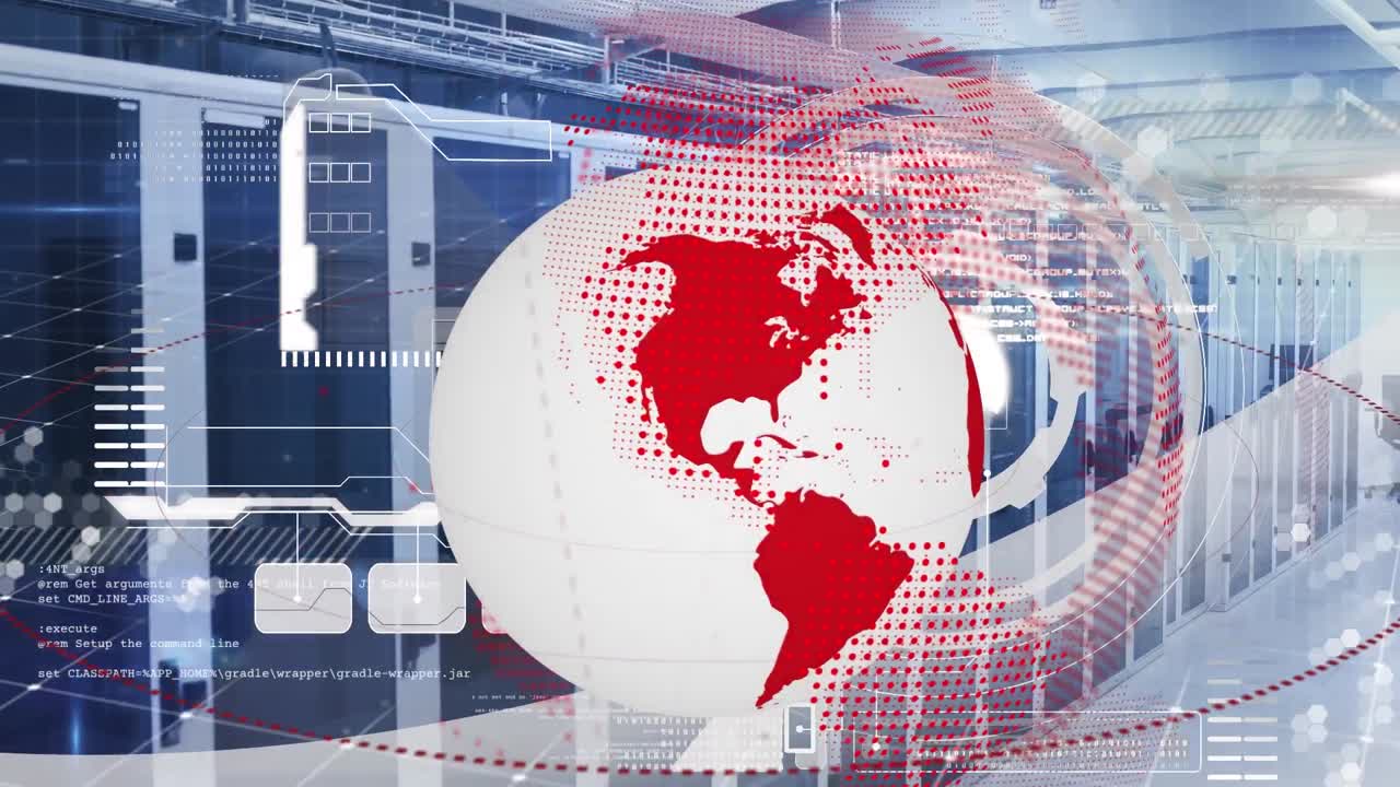 지구의 애니메이션과 컴퓨터 서버를 통한 데이터 처리