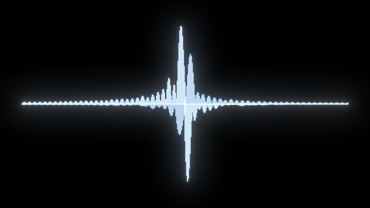 Glowing white audio waveforms pulse across black screen. Symmetric sound spectrum peaks and ripples create sleek visualization for music, podcast, and tech themes.