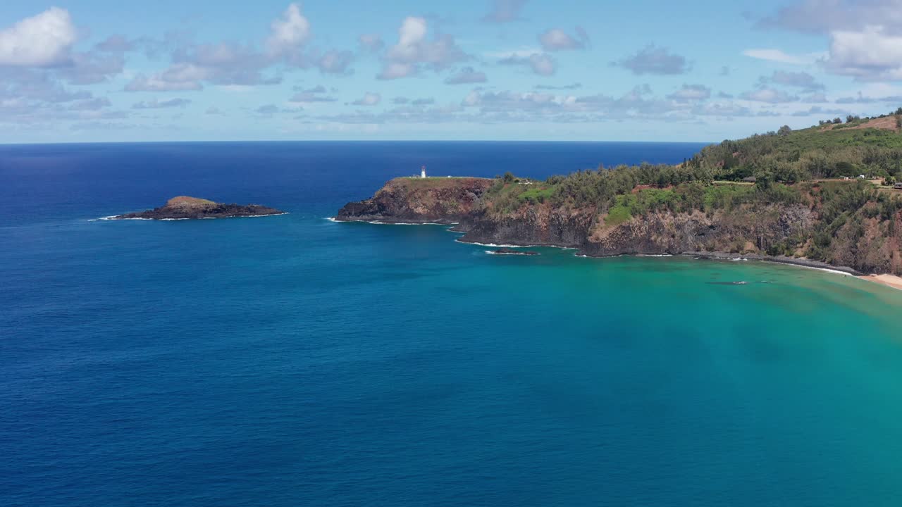 Wide tilting up aerial shot of Kilauea Point National Wildlife Refuge on the northern coast of Kaua'i, Hawai'i