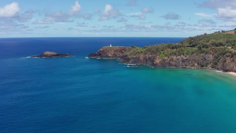 Wide-tilting-up-aerial-shot-of-Kilauea-Point-National-Wildlife-Refuge-on-the-northern-coast-of-Kaua'i,-Hawai'i