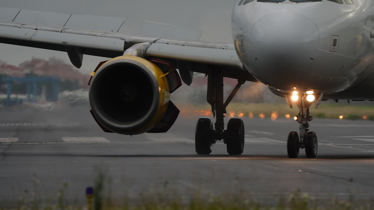 Close-up view of an aircraft on the runway, highlighting engine components and showcasing aviation engineering and design elements