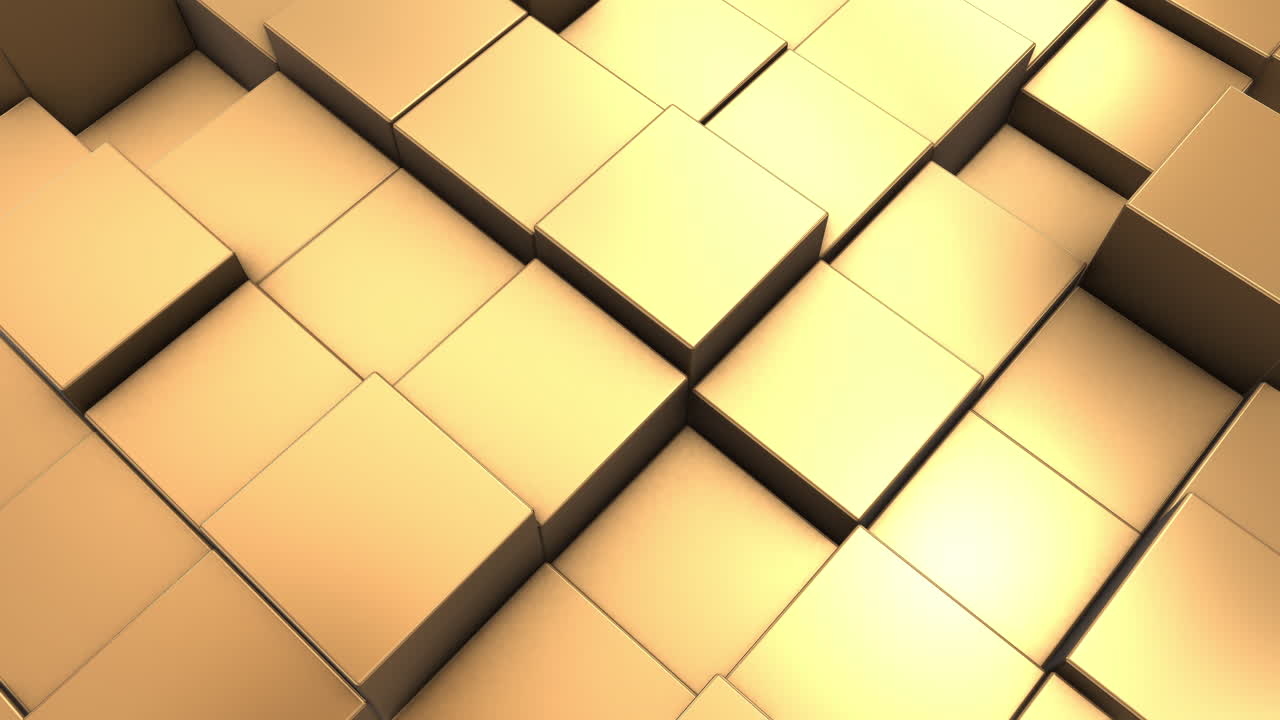 Rows of gold 3D cubes rising and falling. Yellow background with geometric shapes of squares. Abstract animation.
