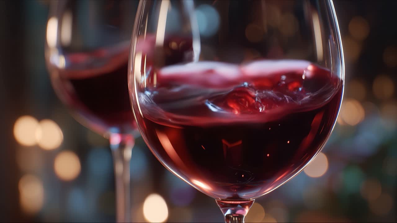 Vino rosso schizza in un bicchiere, catturando il movimento. Luci bokeh soffuse brillano sullo sfondo. La scena irradia calore e indulgenza. Perfetto per progetti a tema romantico o di lusso. La dolcezza del momento.